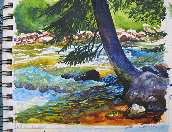 Plein air watercolor painting of Gore Creek by John Hulsey